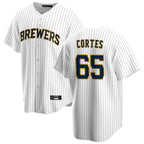 Johmsee M.Brewers #65 Nestor Cortes Player White Stripes Home Game Stitched Jerseys