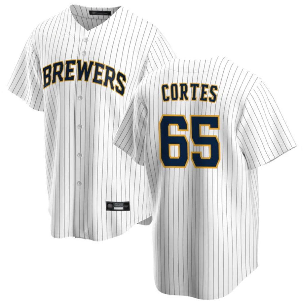 Johmsee M.Brewers #65 Nestor Cortes Player White Stripes Home Game Stitched Jerseys
