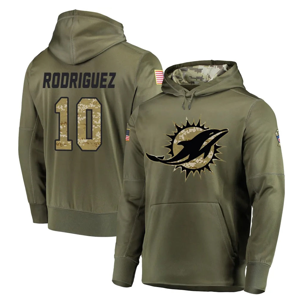 Johmsee M.Dolphins #10 Jacob Rodriguez Player Olive Salute to Service Pullover Hoodies Home Game Stitched Jerseys