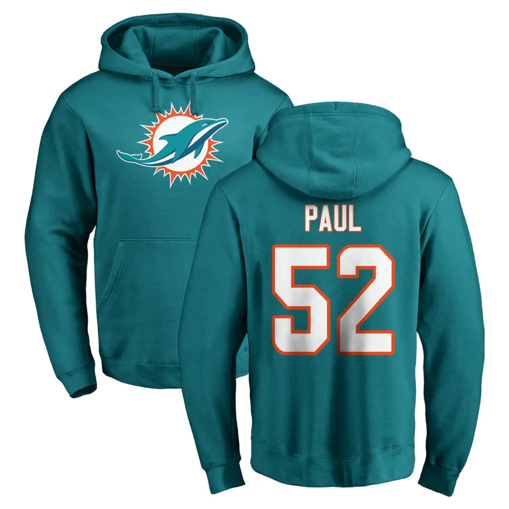 Johmsee M.Dolphins #52 Patrick Paul Player Aqua LOGO Pullover Hoodies Limited Stitched Jerseys
