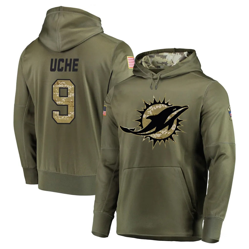 Johmsee M.Dolphins #9 Joshua Uche Player Olive Salute to Service Pullover Hoodies Home Game Stitched Jerseys