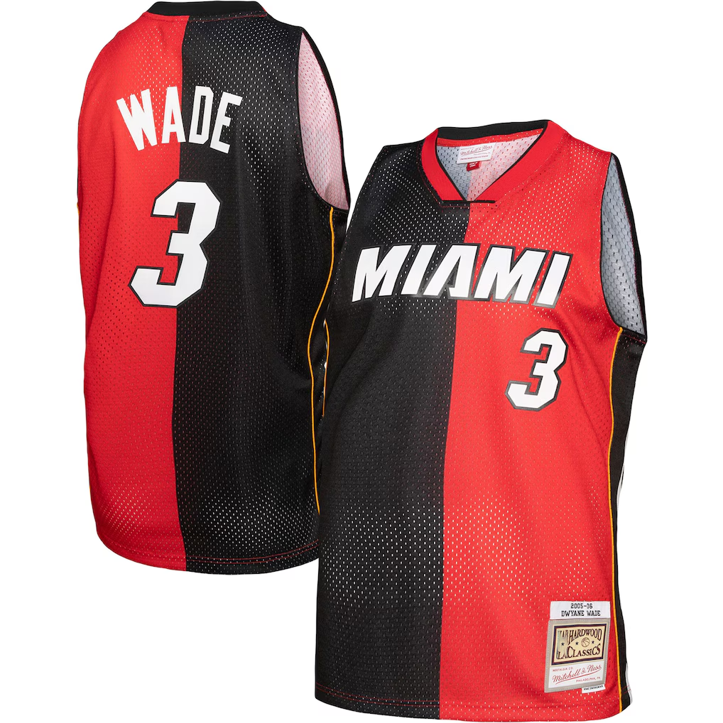 Johmsee M.Heat #3 Dwayne Wade Mitchell & Ness Black Red Big & Tall Hardwood Classics 2005-06 Split Swingman Jerseys