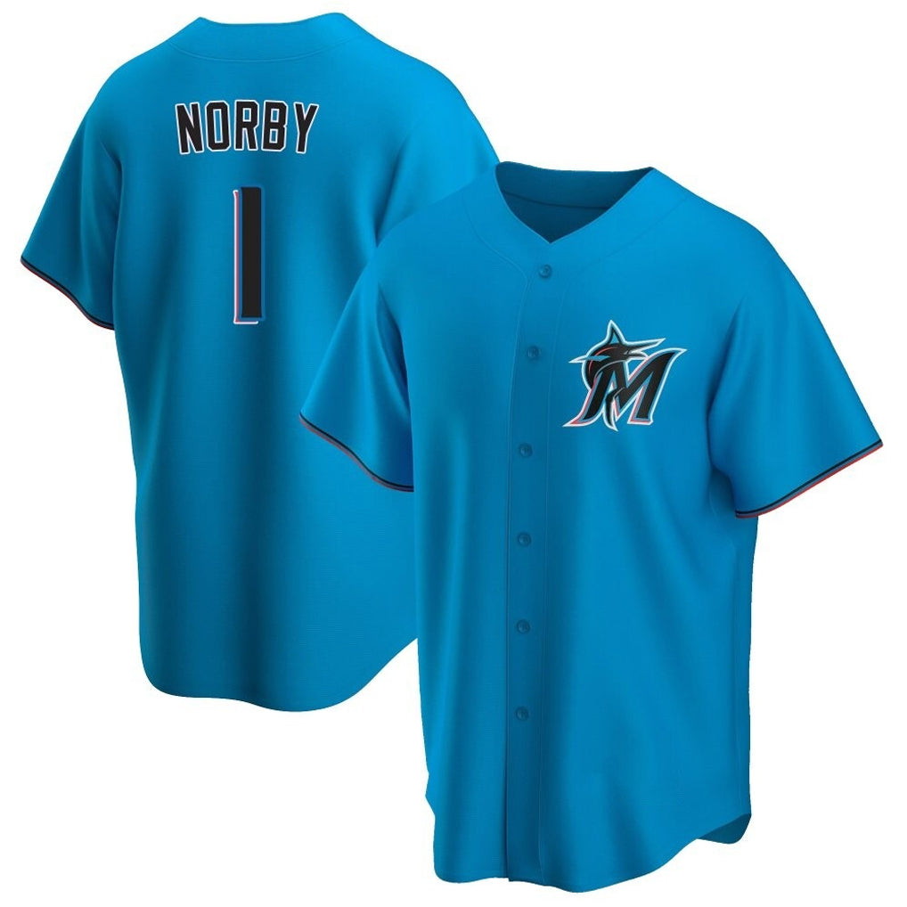 Johmsee M.Marlins #1 Connor Norby Player Blue Home Game Stitched Jerseys