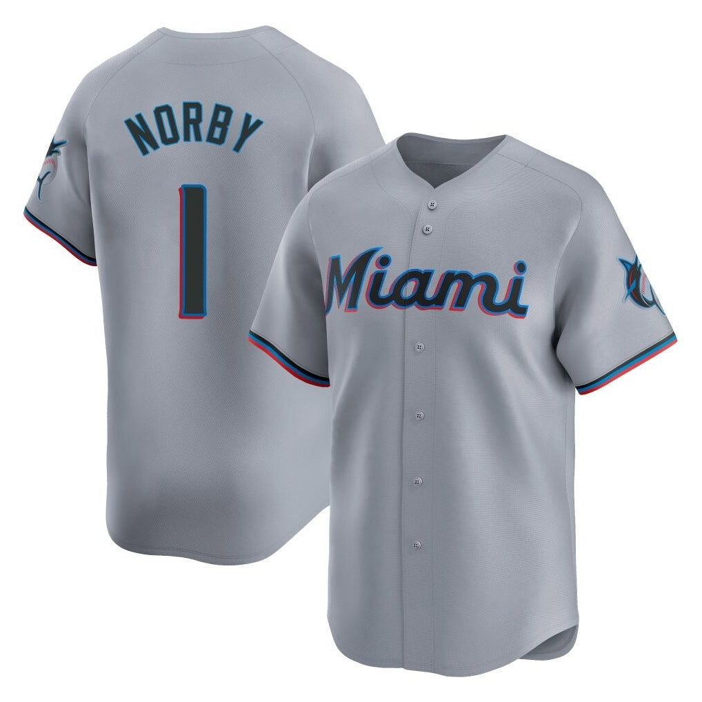 Johmsee M.Marlins #1 Connor Norby Player Gray Home Limited Stitched Jerseys