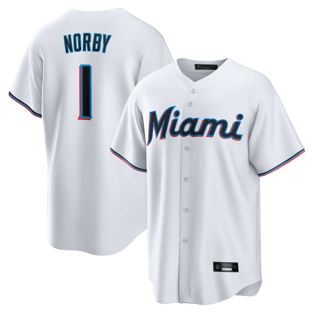 Johmsee M.Marlins #1 Connor Norby Player White  Home Game Stitched Jerseys