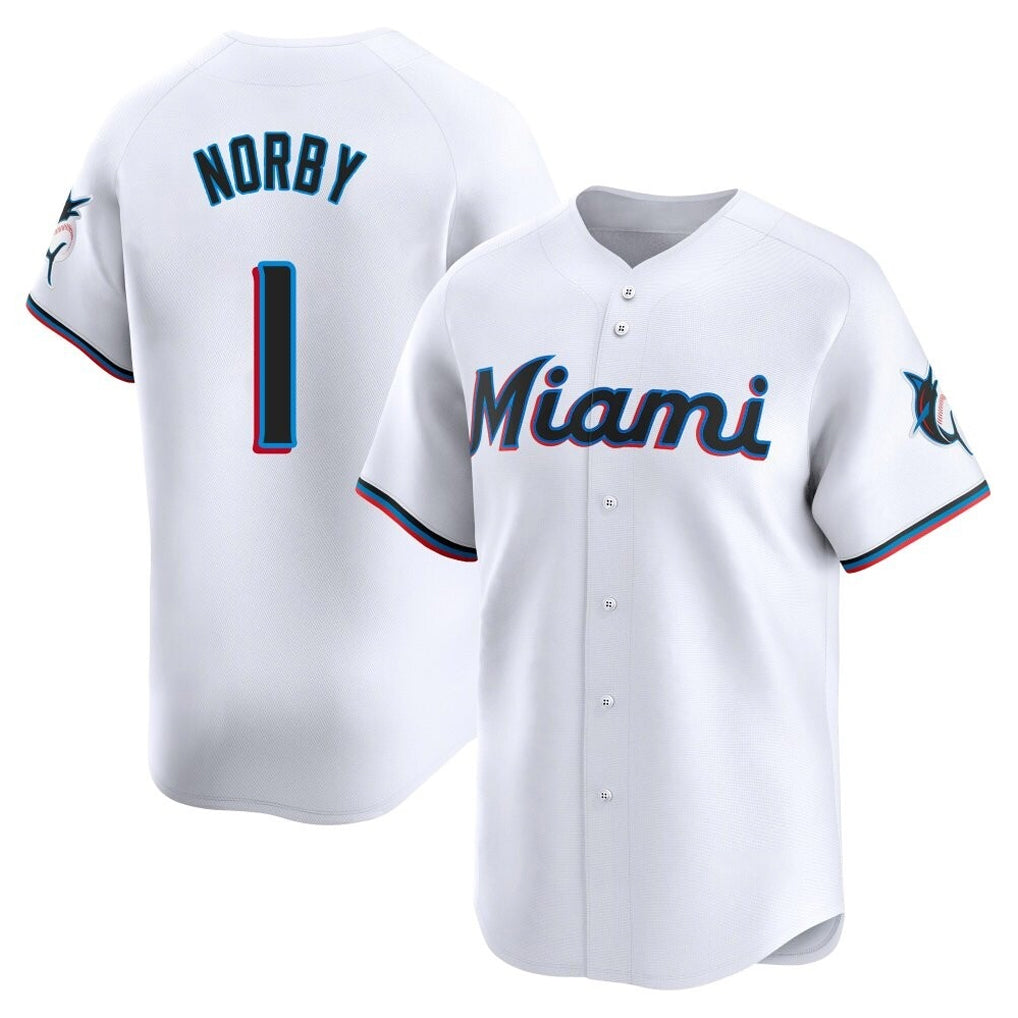 Johmsee M.Marlins #1 Connor Norby Player White Home Limited Stitched Jerseys