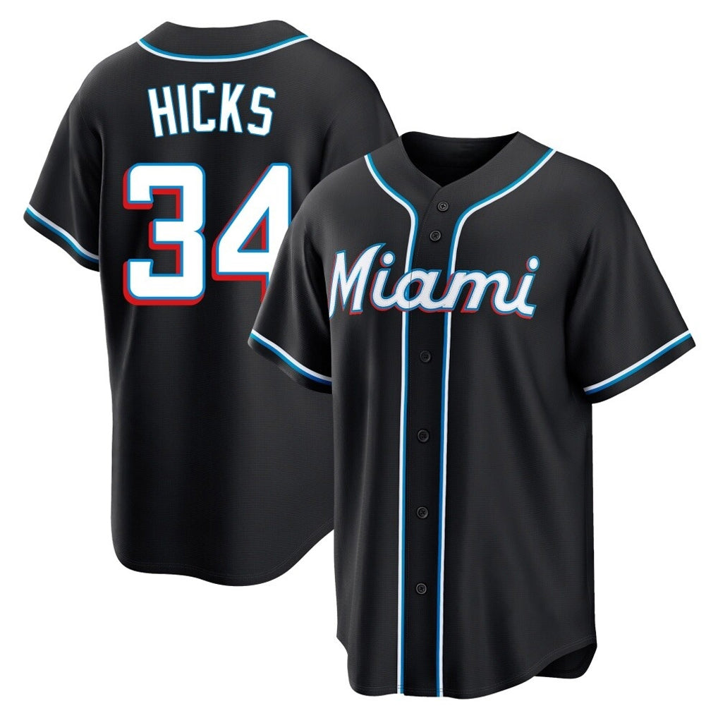Johmsee M.Marlins #34 Liam Hicks Player Black Fashion Out Home Game Stitched Jerseys