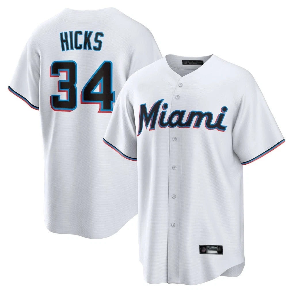 Johmsee M.Marlins #34 Liam Hicks Player White  Home Game Stitched Jerseys
