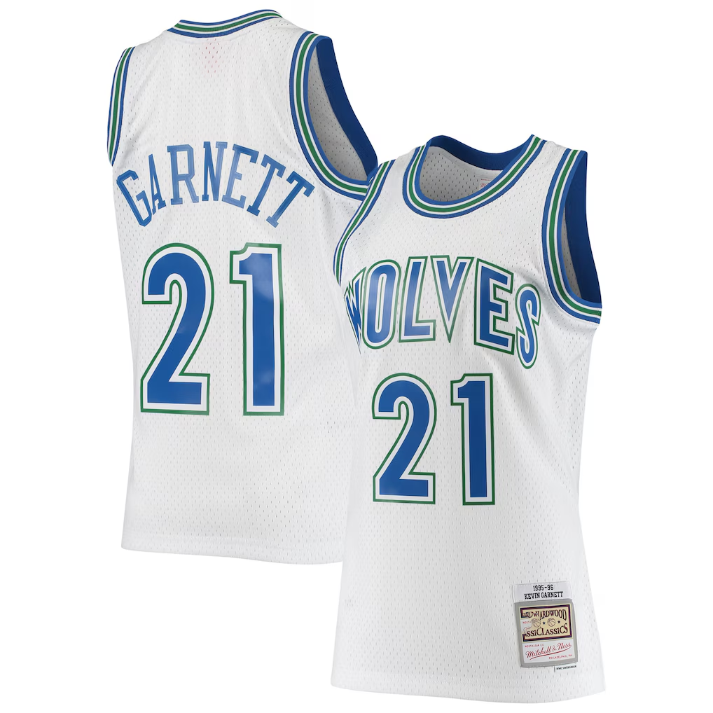 Johmsee M.Timberwolves #21 Kevin Garnett Mitchell & Ness White 1995-1996 Hardwood Classics Swingman Stitched Jerseys