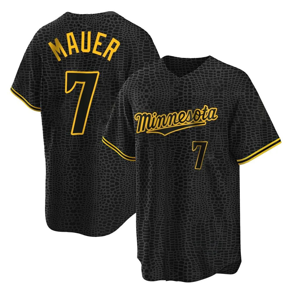 Johmsee M.Twins #7 Joe Mauer Player Black Snake Skin City Home Game Stitched Jerseys