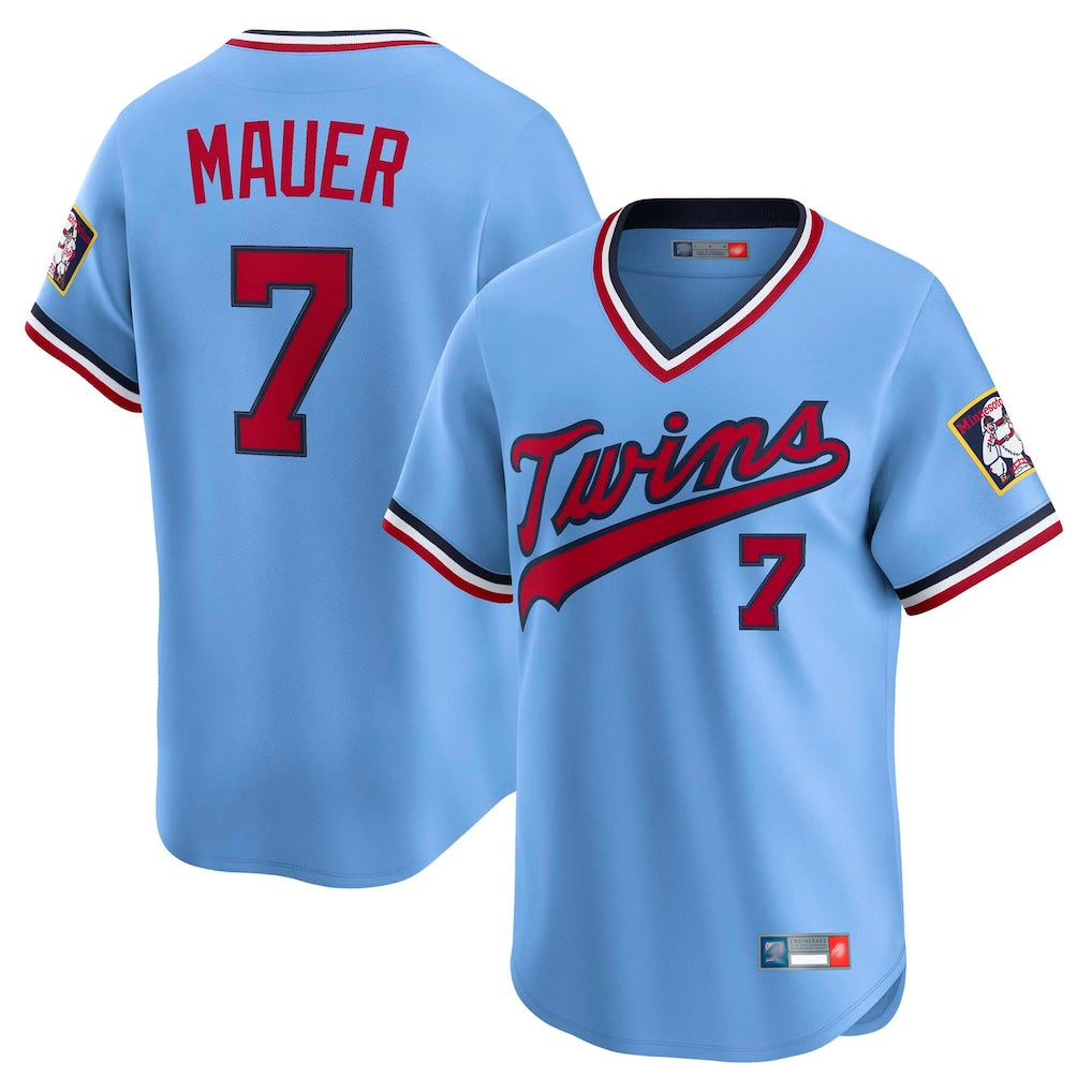 Johmsee M.Twins #7 Joe Mauer Player Light Blue Throwback Cooperstown Collection Limited T-shirt Stitched Jerseys