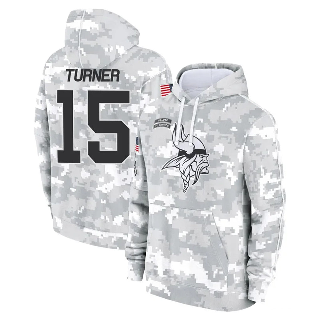 Johmsee MN.Vikings #15 Dallas Turner Player Arctic Camo Salute to Service Pullover Hoodies Limited Game Stitched Jerseys