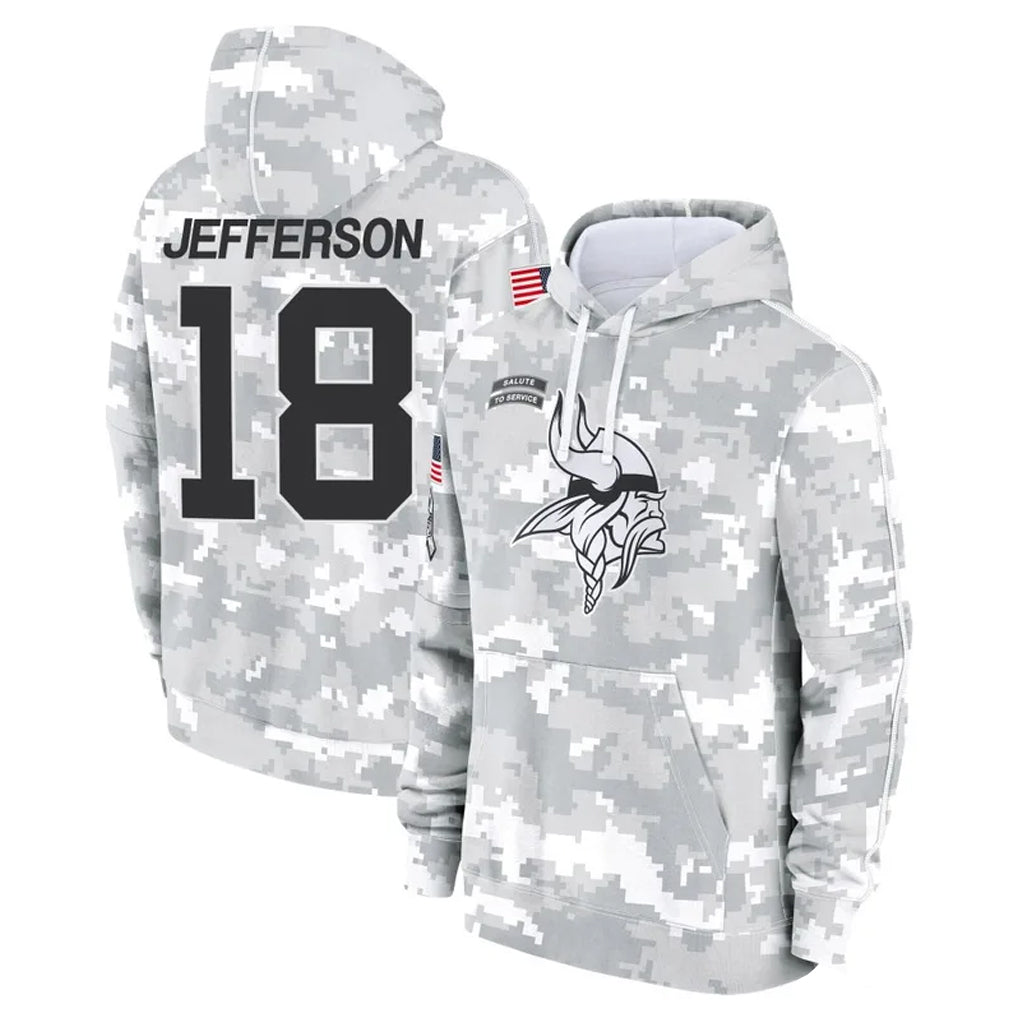 Johmsee MN.Vikings #18 Justin Jefferson Player Arctic Camo Salute to Service Pullover Hoodies Limited Game Stitched Jerseys