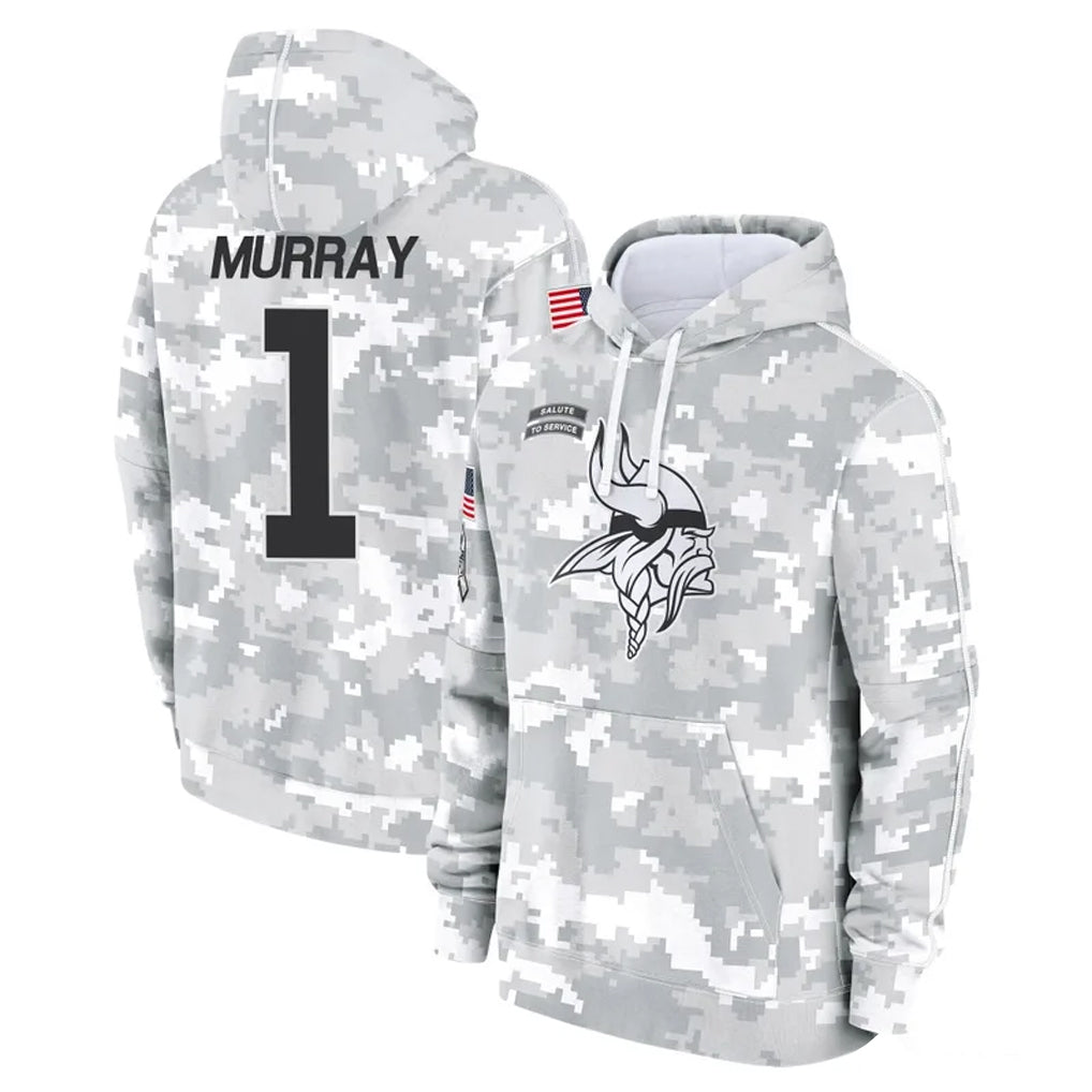 Johmsee MN.Vikings #1 Kyler Murray Player Arctic Camo Salute to Service Pullover Hoodies Limited Game Stitched Jerseys
