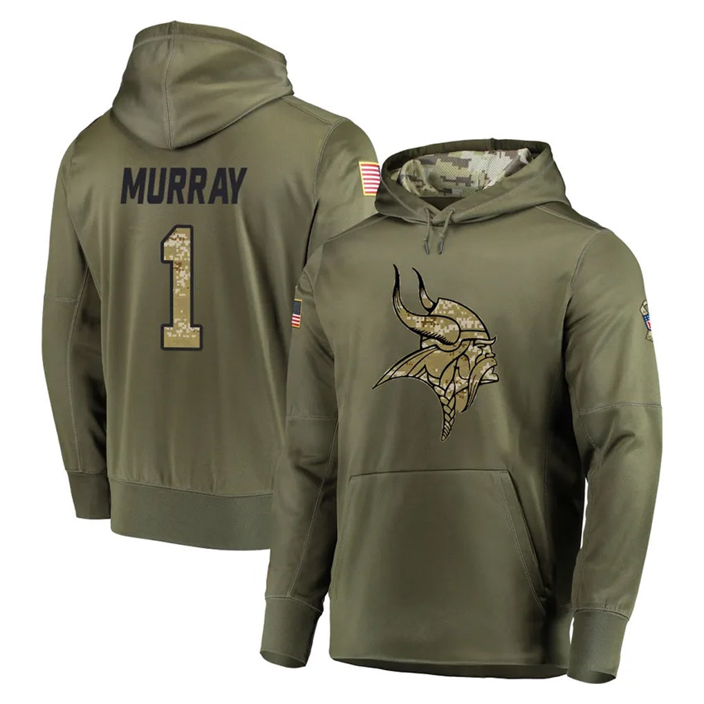 Johmsee MN.Vikings #1 Kyler Murray Player Olive Salute to Service Pullover Hoodies Home Game Stitched Jerseys