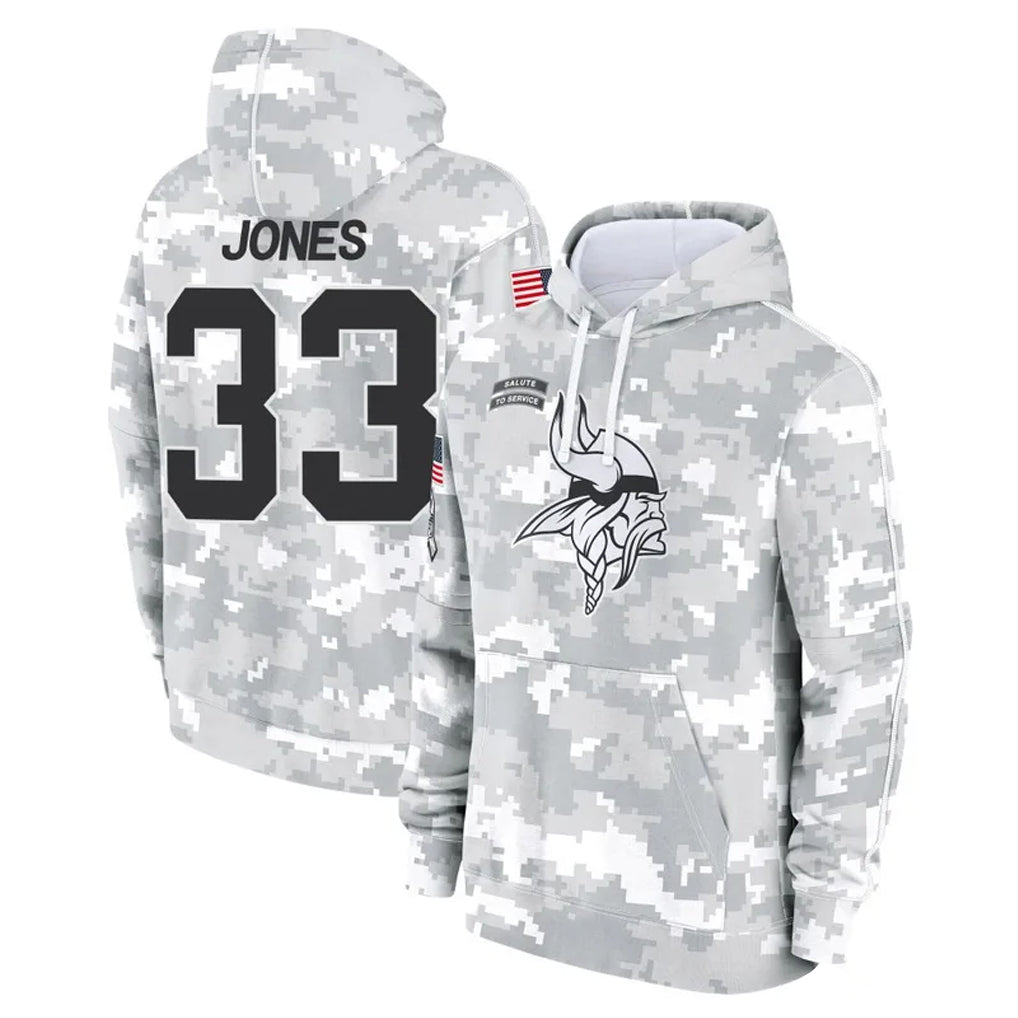 Johmsee MN.Vikings #33 Aaron Jones Sr. Player Arctic Camo Salute to Service Pullover Hoodies Limited Game Stitched Jerseys