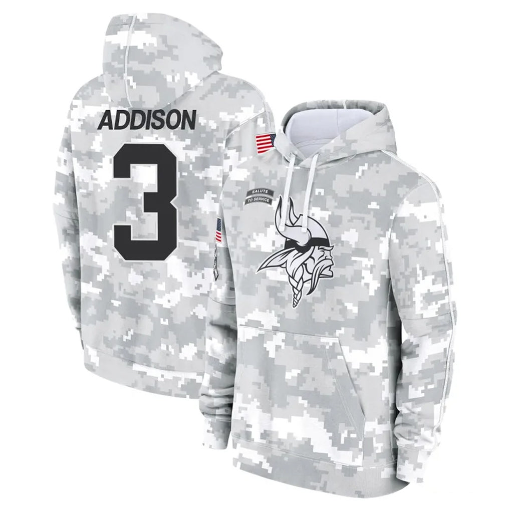 Johmsee MN.Vikings #3 Jordan Addison Player Arctic Camo Salute to Service Pullover Hoodies Limited Game Stitched Jerseys