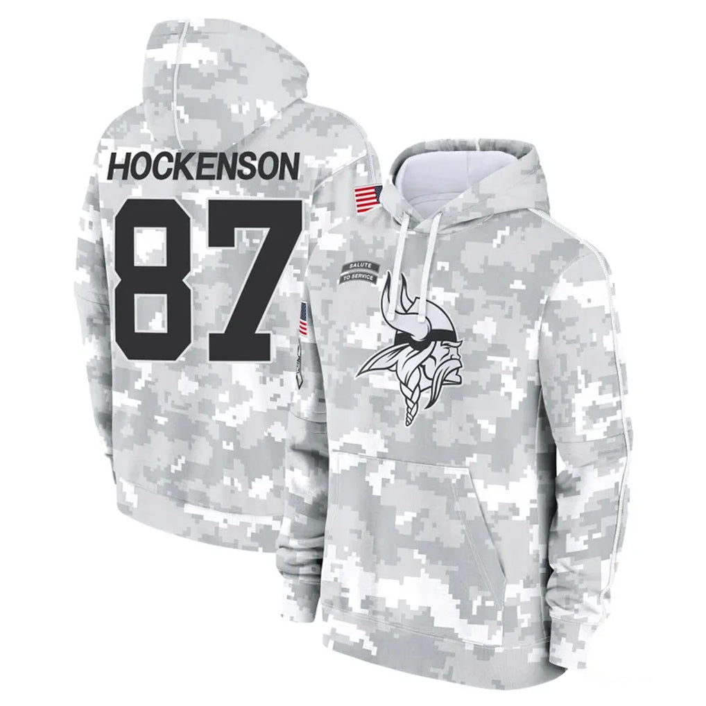 Johmsee MN.Vikings #87 T.J. Hockenson Player Arctic Camo Salute to Service Pullover Hoodies Limited Game Stitched Jerseys
