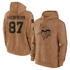 Johmsee MN.Vikings #87 T.J. Hockenson Player Brown Salute to Service Pullover Hoodies Limited Game Stitched Jerseys