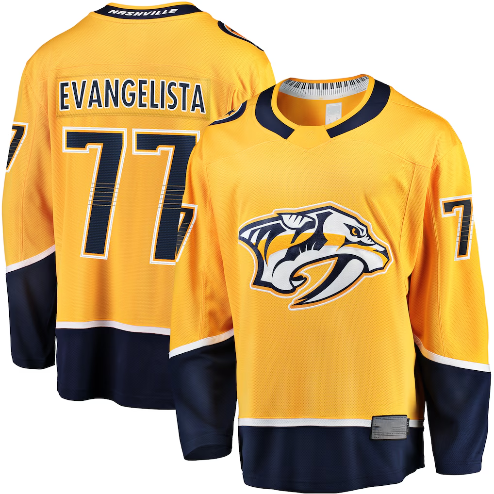 Johmsee N.Predators #77 Luke Evangelista Gold Premier Breakaway Player Jerseys