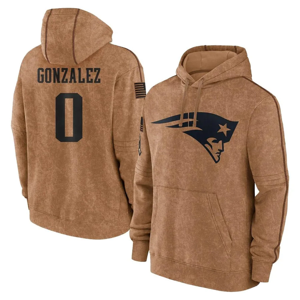Johmsee NE.Patriots #0 Christian Gonzalez Player Brown Salute to Service Pullover Hoodies Limited Game Stitched Jerseys