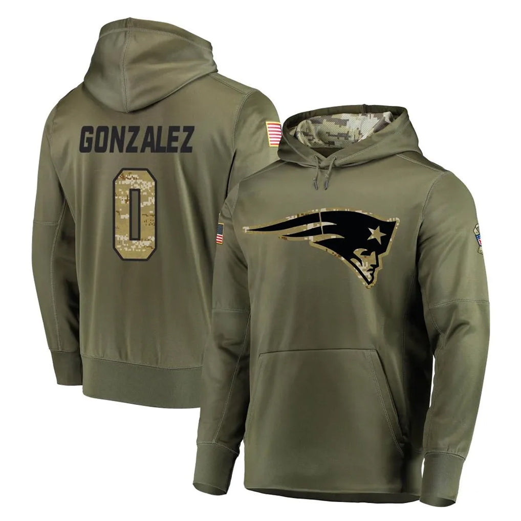 Johmsee NE.Patriots #0 Christian Gonzalez Player Olive Salute to Service Pullover Hoodies Home Game Stitched Jerseys