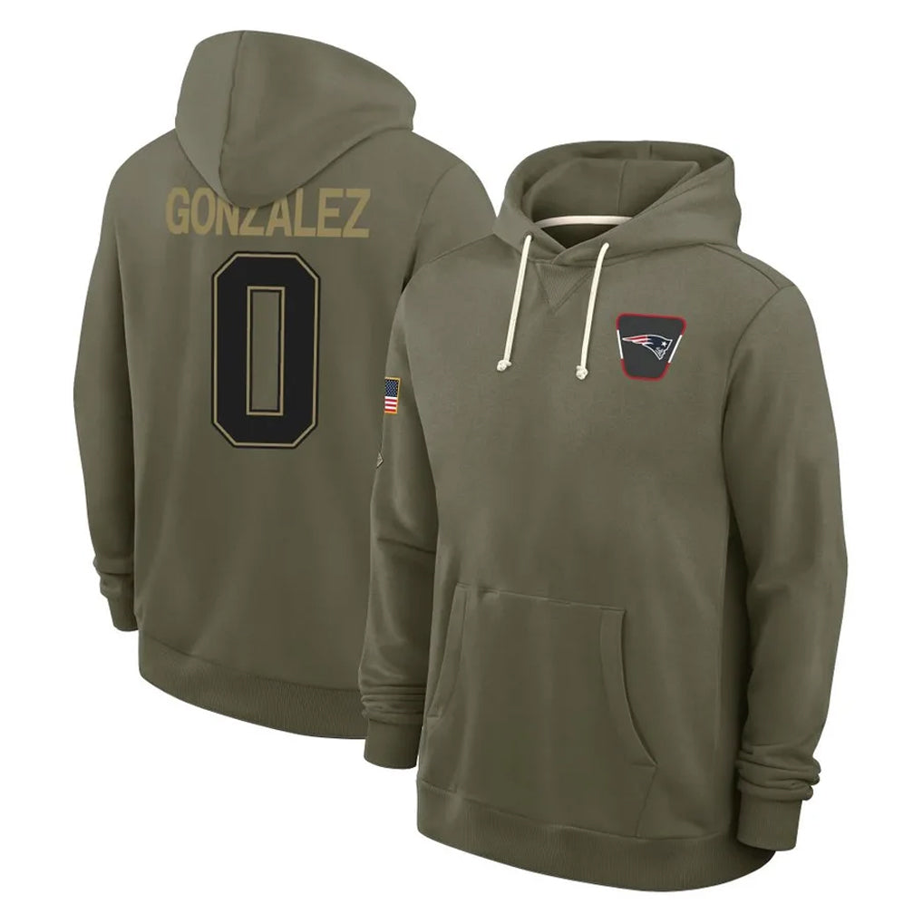 Johmsee NE.Patriots #0 Christian Gonzalez Player Olive Salute to Service Pullover Hoodies Limited Stitched Jerseys