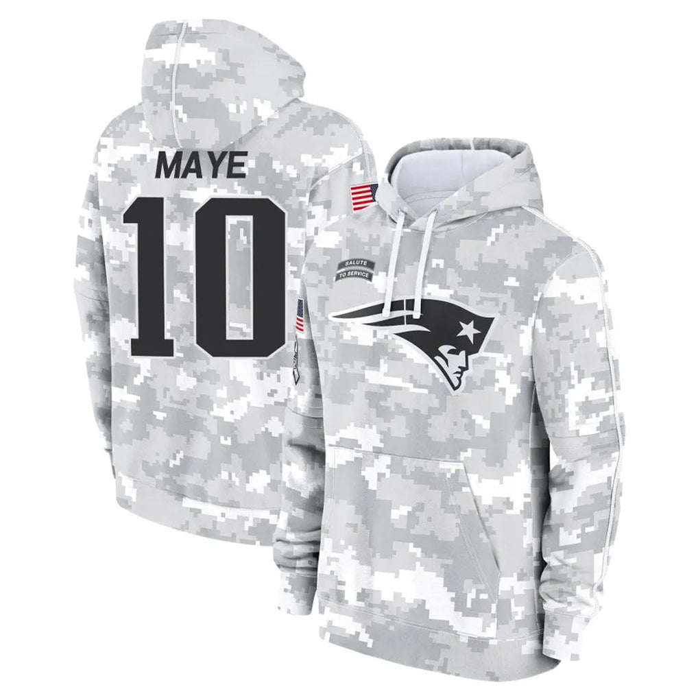 Johmsee NE.Patriots #10 Drake Maye Player Arctic Camo Salute to Service Pullover Hoodies Limited Game Stitched Jerseys
