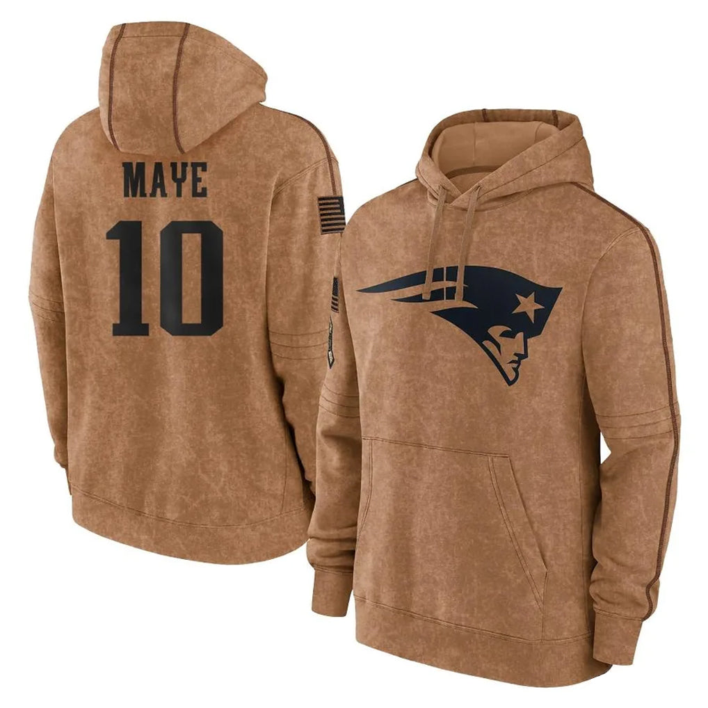 Johmsee NE.Patriots #10 Drake Maye Player Brown Salute to Service Pullover Hoodies Limited Game Stitched Jerseys