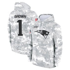 Johmsee NE.Patriots #1 A.J. Brown Player Arctic Camo Salute to Service Pullover Hoodies Limited Game Stitched Jerseys