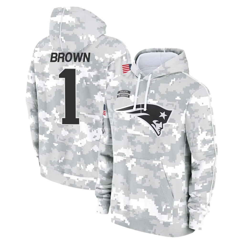 Johmsee NE.Patriots #1 A.J. Brown Player Arctic Camo Salute to Service Pullover Hoodies Limited Game Stitched Jerseys