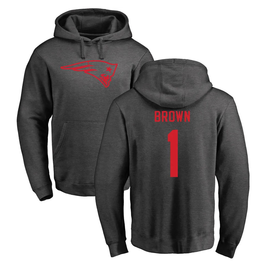 Johmsee NE.Patriots #1 A.J. Brown Player Gray Pullover Hoodies Home Game Stitched Jerseys