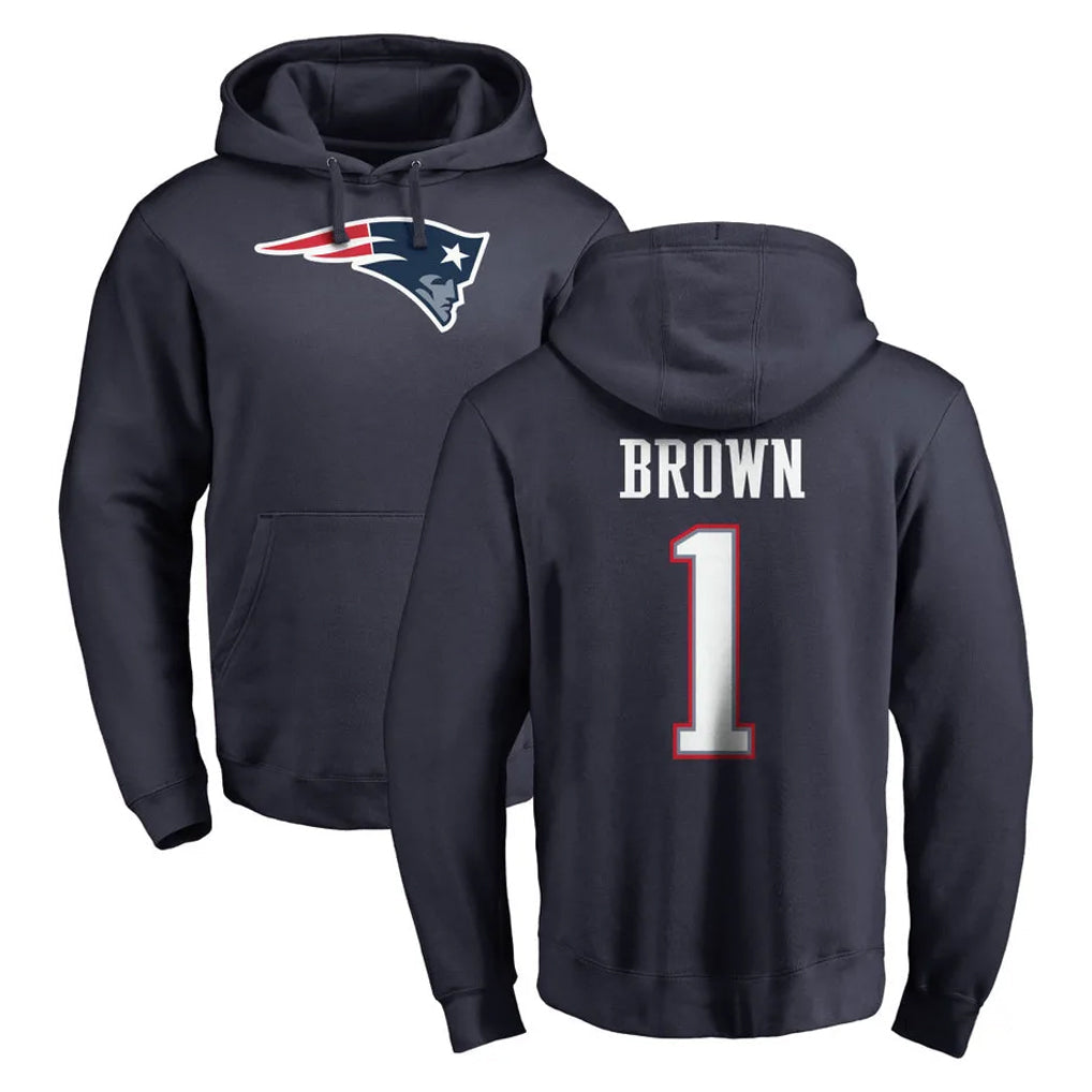Johmsee NE.Patriots #1 A.J. Brown Player Navy LOGO Pullover Hoodies Home Game Stitched Jerseys