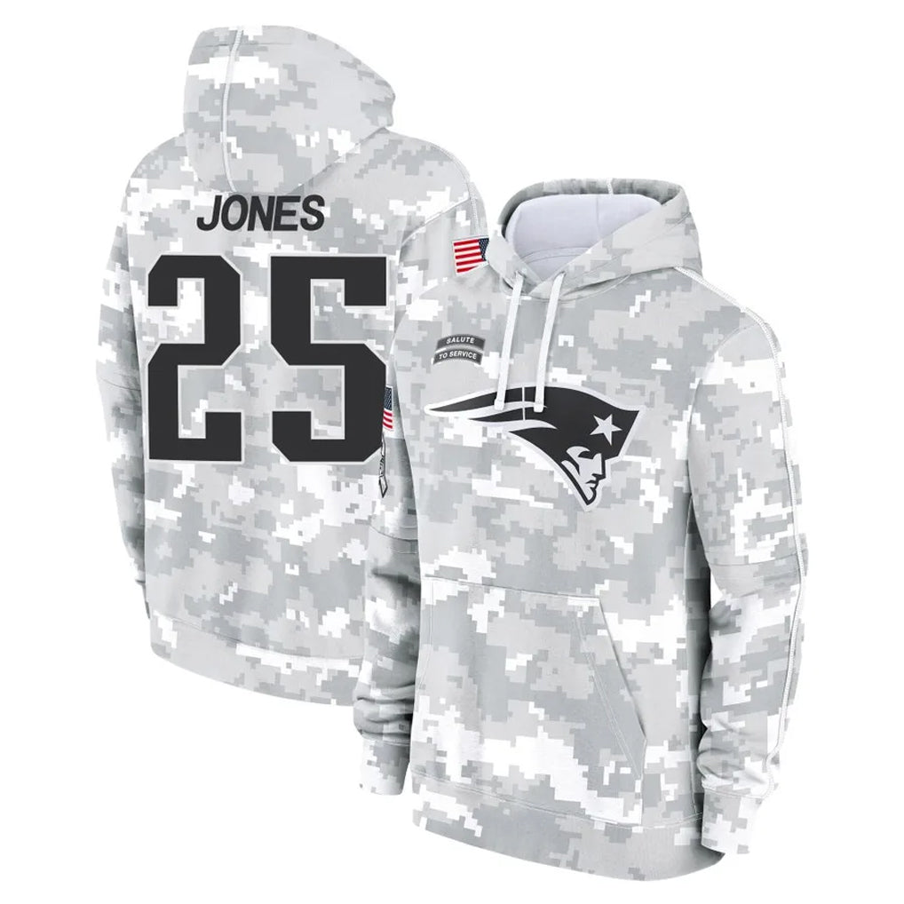 Johmsee NE.Patriots #25 Marcus Jones Player Arctic Camo Salute to Service Pullover Hoodies Limited Game Stitched Jerseys