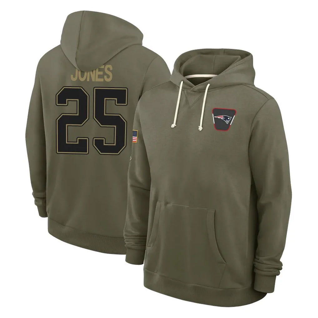 Johmsee NE.Patriots #25 Marcus Jones Player Olive Salute to Service Pullover Hoodies Limited Stitched Jerseys