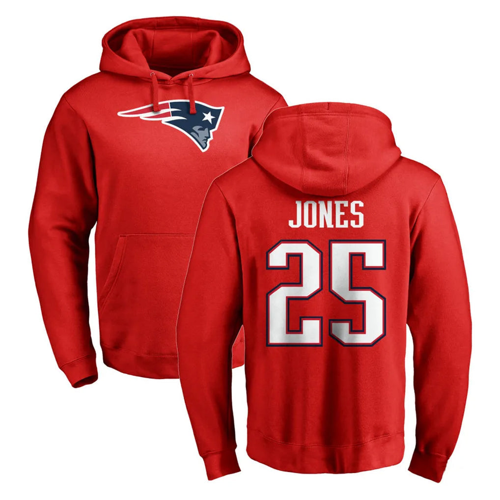 Johmsee NE.Patriots #25 Marcus Jones Player Red LOGO Pullover Hoodies Home Game Stitched Jerseys