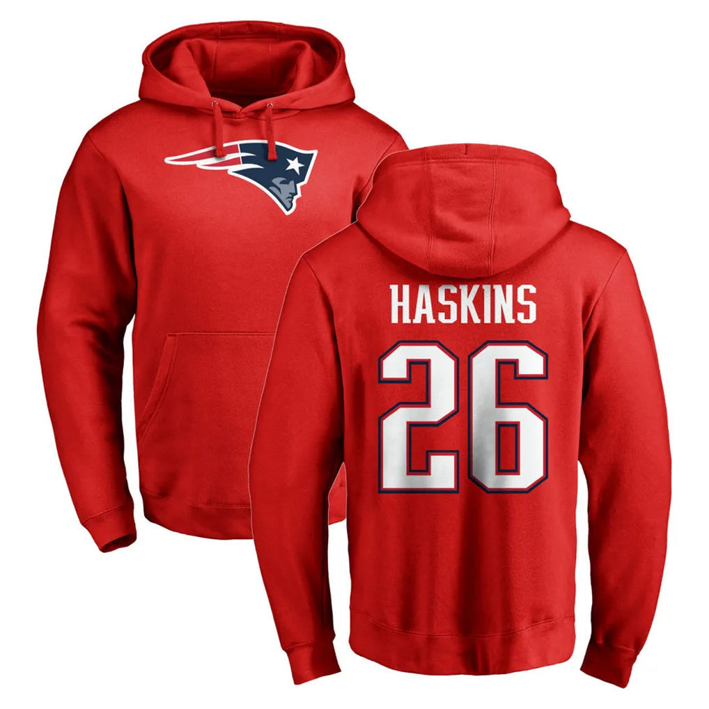 Johmsee NE.Patriots #26 Hassan Haskins Player Red LOGO Pullover Hoodies Home Game Stitched Jerseys