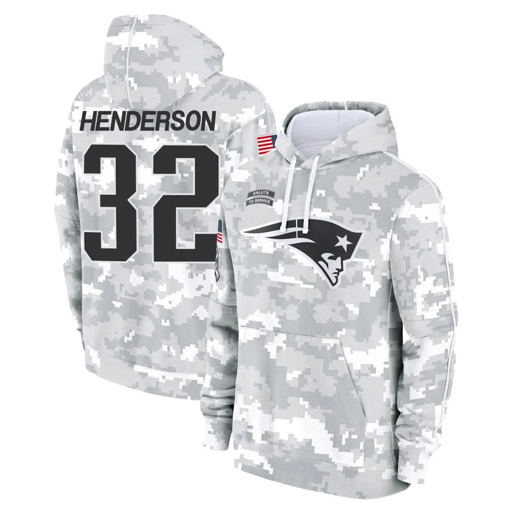 Johmsee NE.Patriots #32 TreVeyon Henderson Player Arctic Camo Salute to Service Pullover Hoodies Limited Game Stitched Jerseys
