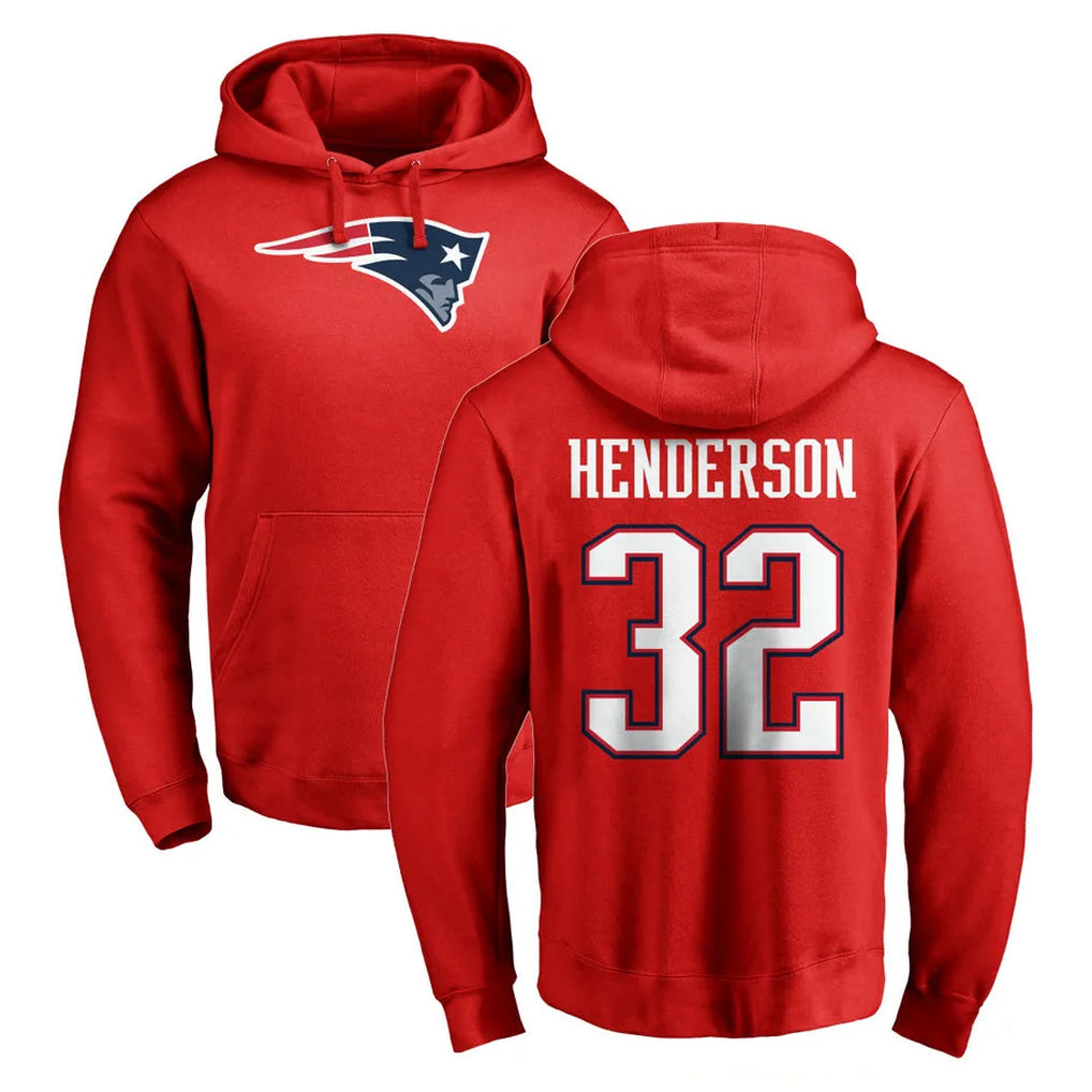 Johmsee NE.Patriots #32 TreVeyon Henderson Player Red LOGO Pullover Hoodies Home Game Stitched Jerseys