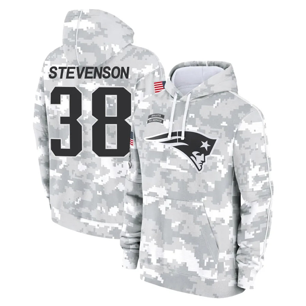 Johmsee NE.Patriots #38 Rhamondre Stevenson Player Arctic Camo Salute to Service Pullover Hoodies Limited Game Stitched Jerseys
