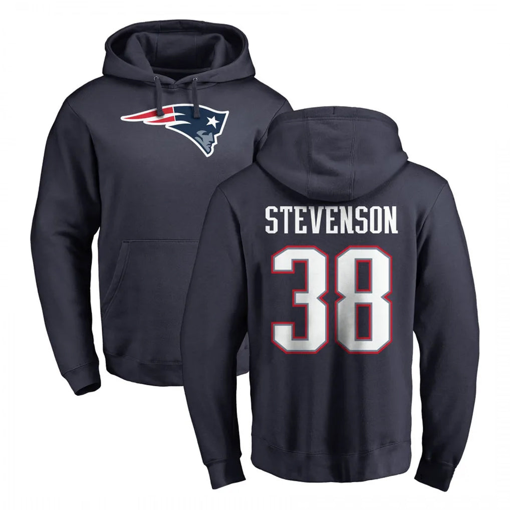 Johmsee NE.Patriots #38 Rhamondre Stevenson Player Navy LOGO Pullover Hoodies Home Game Stitched Jerseys