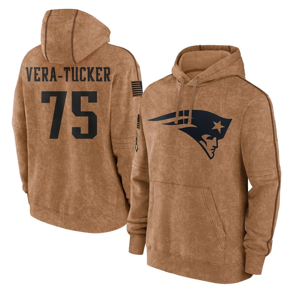 Johmsee NE.Patriots #75 Alijah Vera-Tucker Player Brown Salute to Service Pullover Hoodies Limited Game Stitched Jerseys