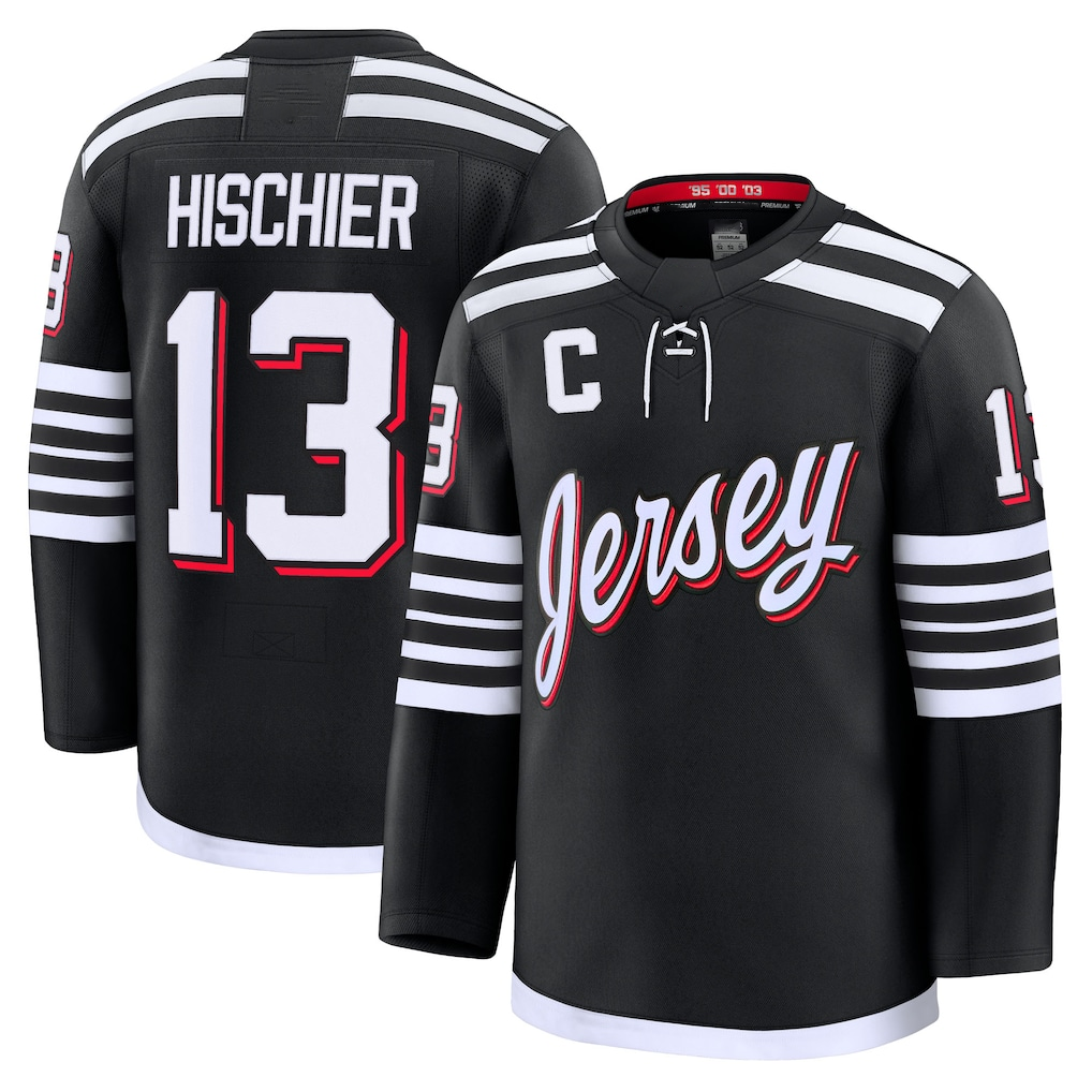 Johmsee NJ.Devils #13 Nico Hischier Black Alternate Premium Jerseys