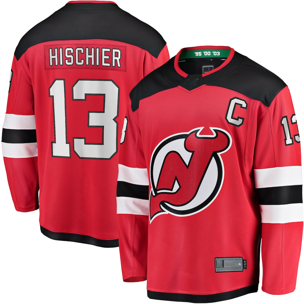 Johmsee NJ.Devils #13 Nico Hischier Red Captain Patch Home Breakaway Jerseys