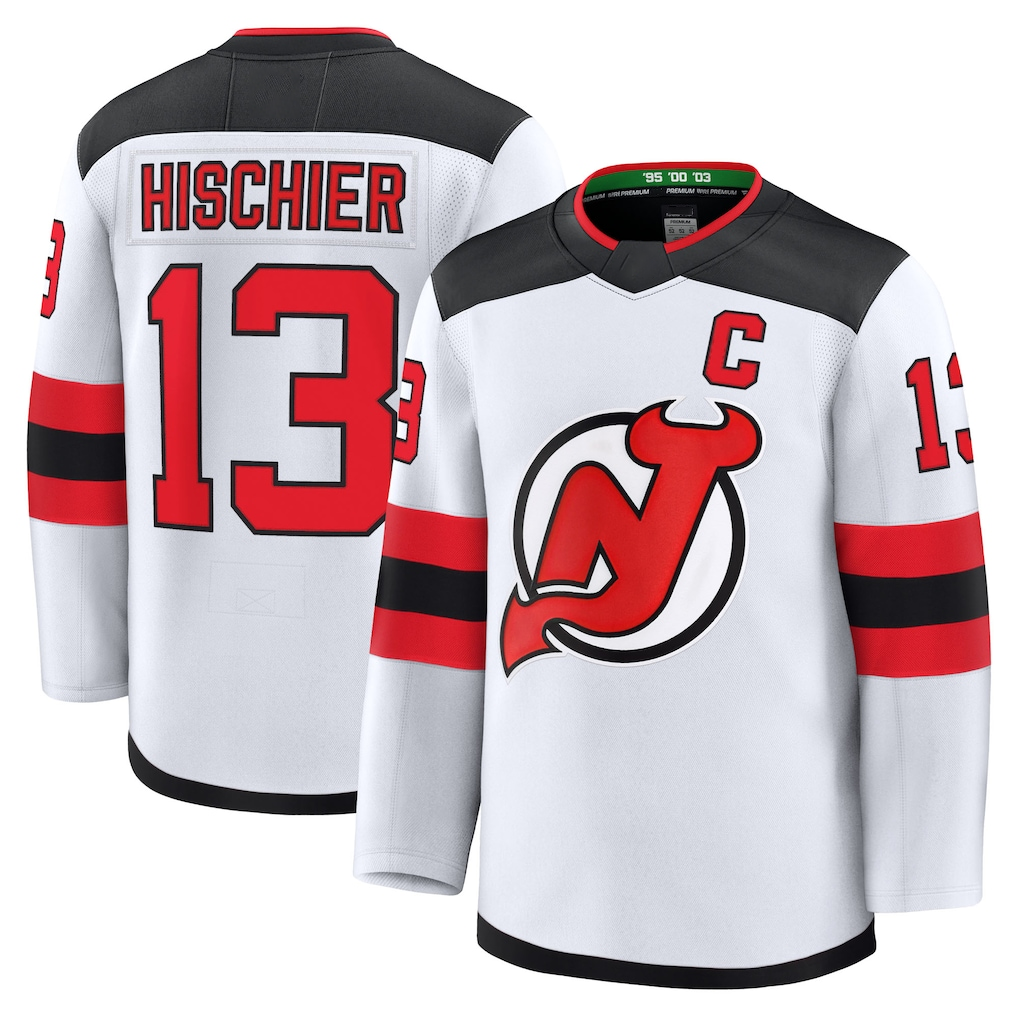Johmsee NJ.Devils #13 Nico Hischier White Away Premium Jerseys