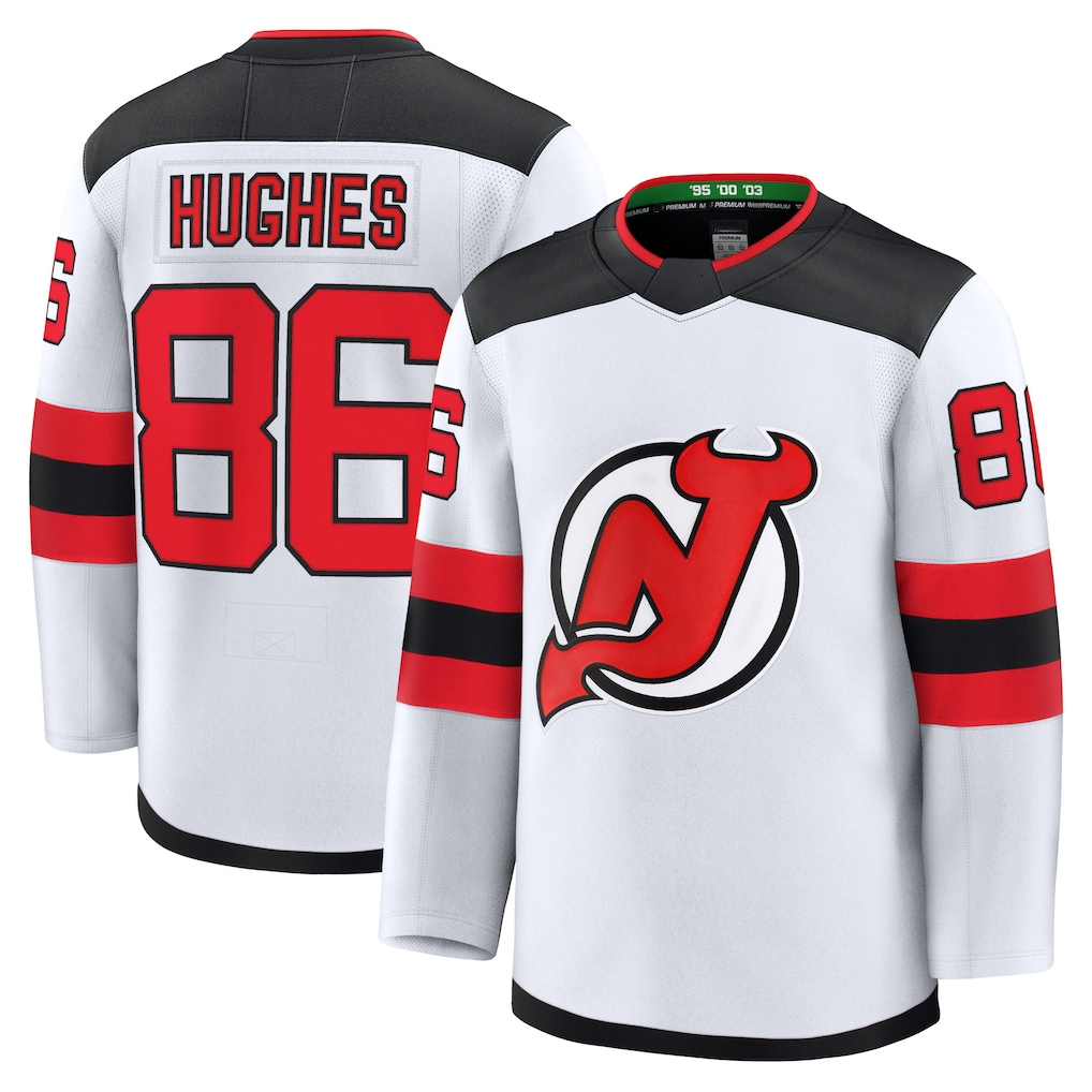 Johmsee NJ.Devils #86 Jack Hughes White Away Premium Jerseys