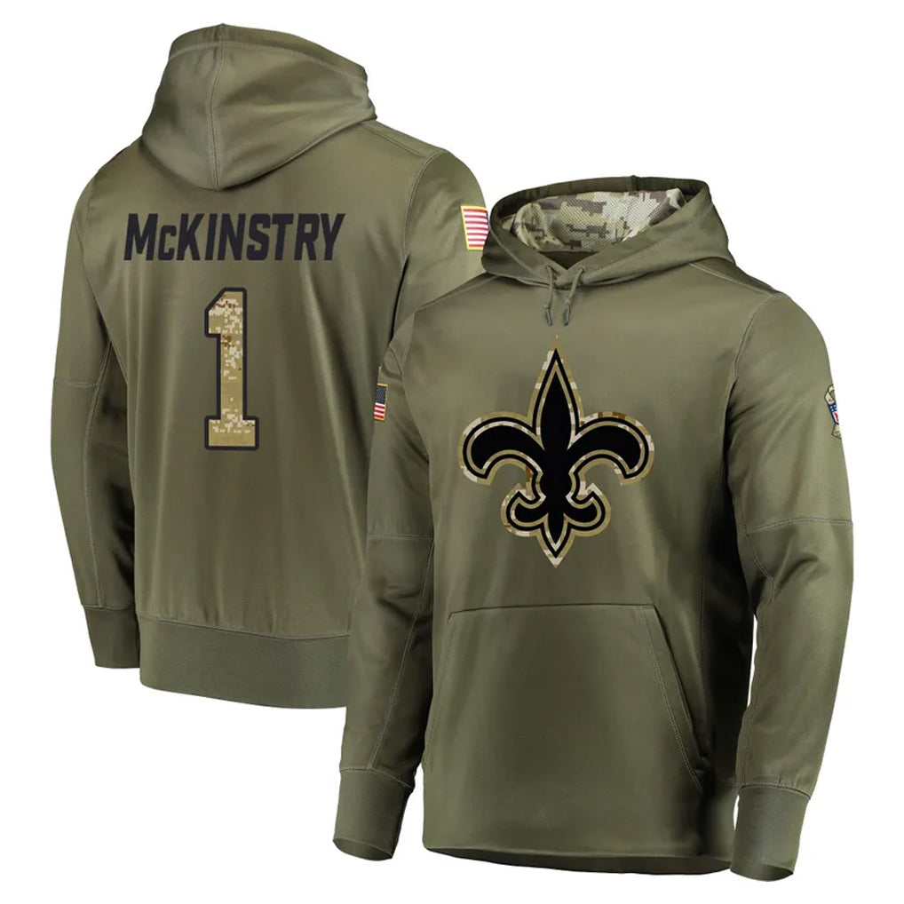 Johmsee NO.Saints #1 Kool-Aid McKinstry Player Olive Salute to Service Pullover Hoodies Home Game Stitched Jerseys