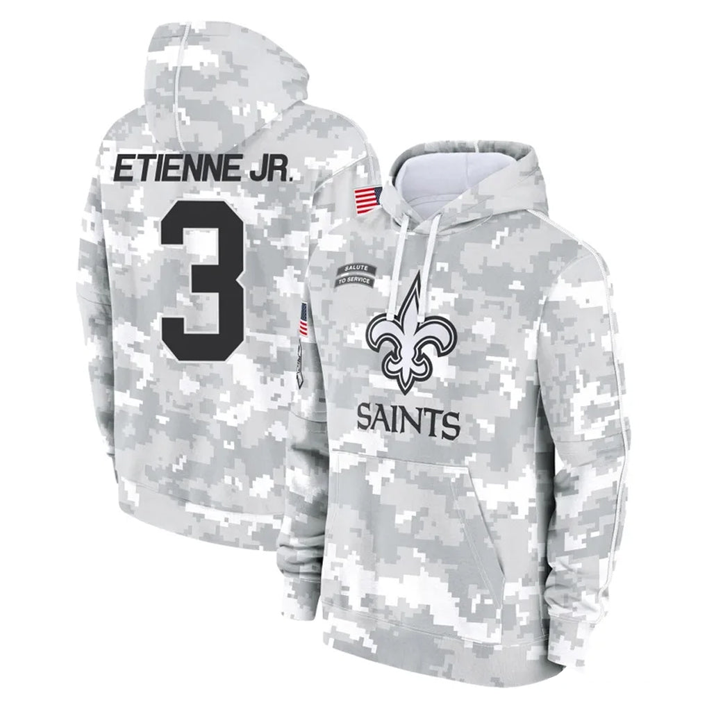 Johmsee NO.Saints #3 Travis Etienne Jr. Player Arctic Camo Salute to Service Pullover Hoodies Limited Game Stitched Jerseys