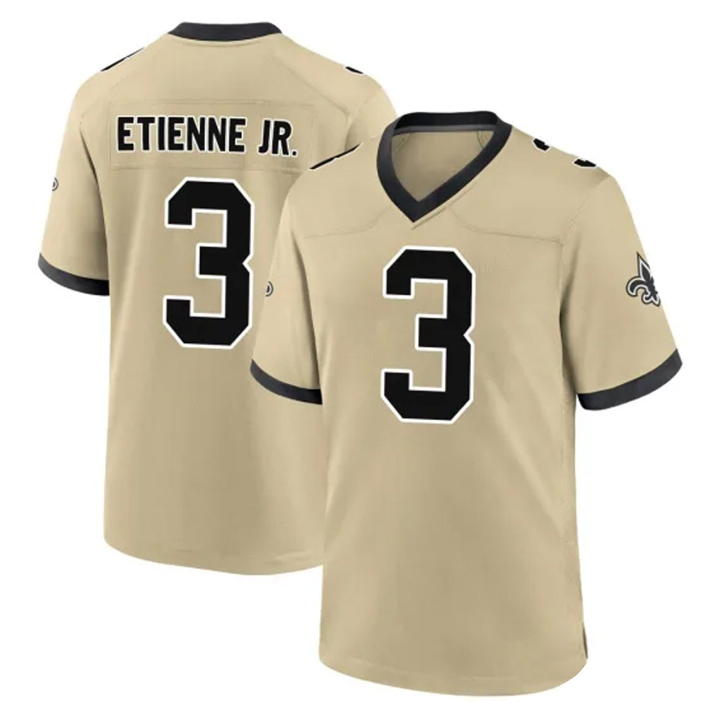 Johmsee NO.Saints #3 Travis Etienne Jr. Player Gold Home Game Stitched Jerseys