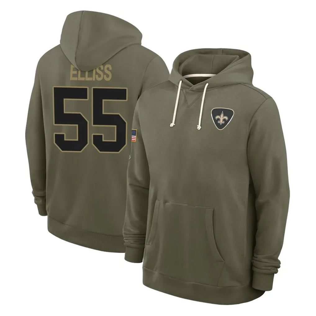 Johmsee NO.Saints #55 Kaden Elliss Player Olive Salute to Service Pullover Hoodies Limited Stitched Jerseys